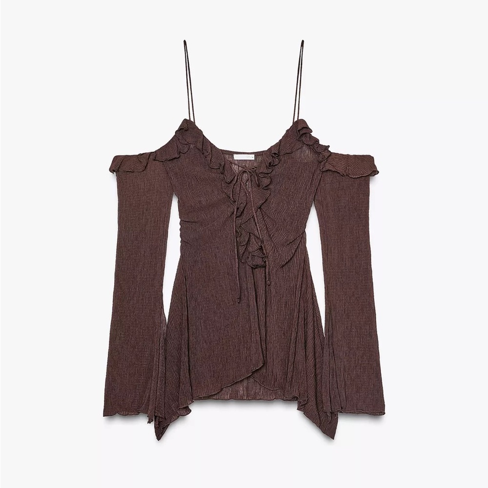 Zara Brown Ruffle Off-Shoulder Blouse - Picture 2 of 6